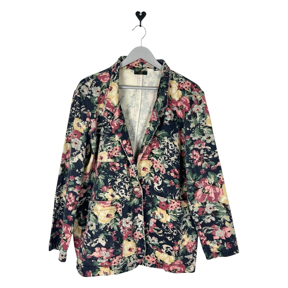 Vintage Willowbend Floral Denim Blazer Jacket Large Made in USA Cotton Navy Pink